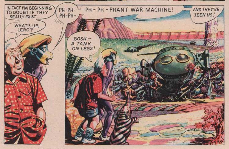 Art from the "Dan Dare" story "Rogue Planet", featuring the "Phant Walking Tank" from Eagle Volume 7, No. 2