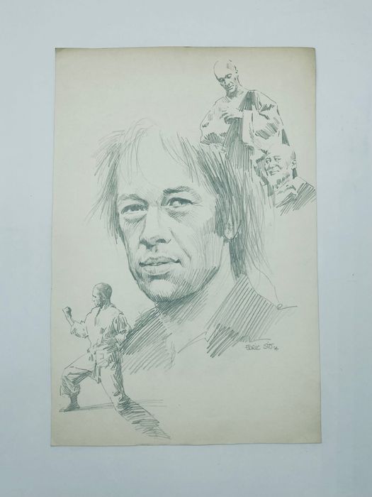 A curious original pencil drawing by innovative Spanish comic artist Enric Sió, featuring the main characters from the television series "Kung-Fu", starring David Carradine. Sio drew some "Battler Briton" stories for Fleetway in the 1960s