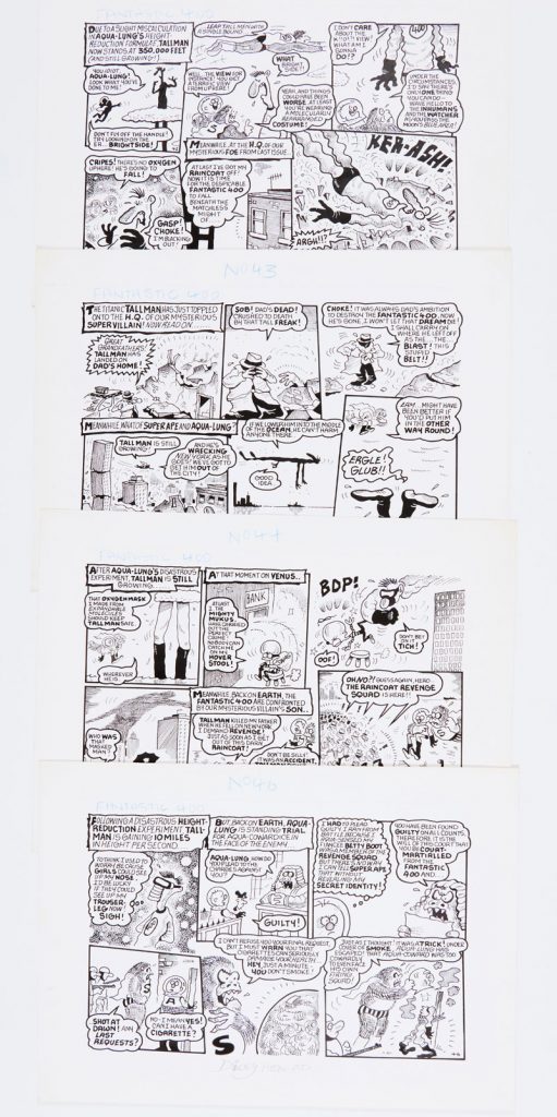 ‘The Fantastic 400' four original artworks written by Tim Quinn and drawn and signed by Dicky Howett. A pastiche of The Fantastic Four published in Thor (UK Marvel) Nos 12, 14, 15 and 17, July-August 1983. Indian ink on card. 13 x 9 ins (4)