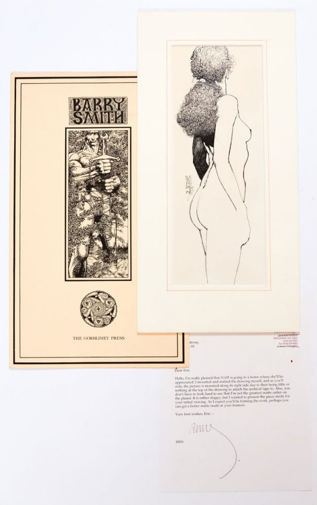 ‘Hair' original artwork drawn and initialled by Barry Windsor-Smith (1987) published in his book, Barry Windsor-Smith Opus Volume 2, with letter to prospective purchaser noting that 'I mounted and matted the drawing myself'. And Fantastic Islands illustrated folder. Artwork in matte frame 18 x 9 ins. Indian ink on paper