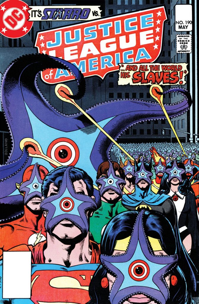 Brian Bolland's memorable cover for Justice League of America Volume 1 #190 (1981), assisted by Anthony Tollin