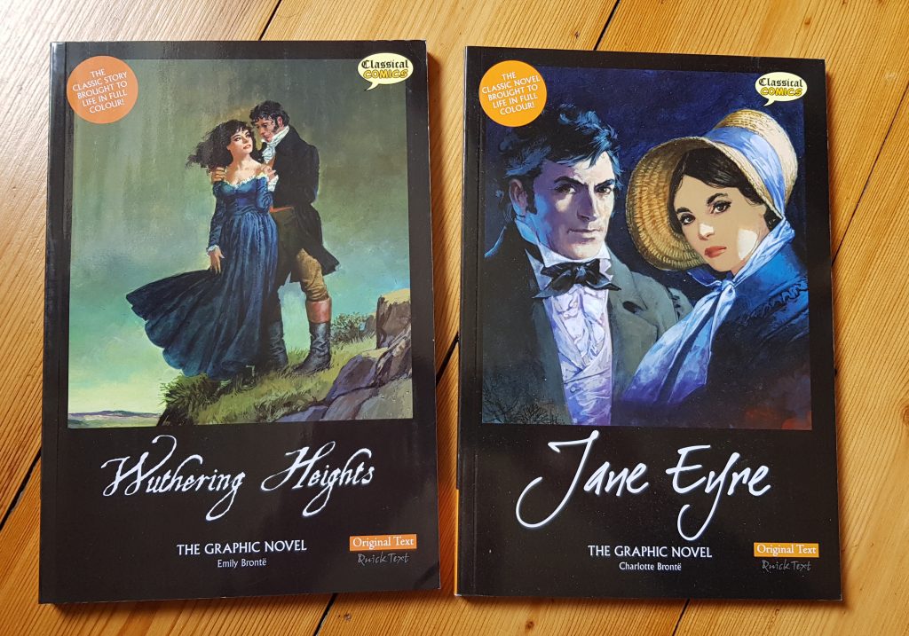 The covers of Wuthering Heights and Jane Eyre - art by John M. Burns