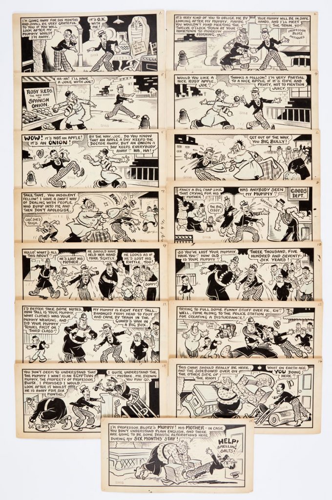 Joe E Brown original artwork by George Wakefield (1938) for Film Fun 5 February 1938. Joe gets into terrible trouble looking after his friend's mummy … Complete 15 panel story - Indian ink on card, each panel 9½ x 4½