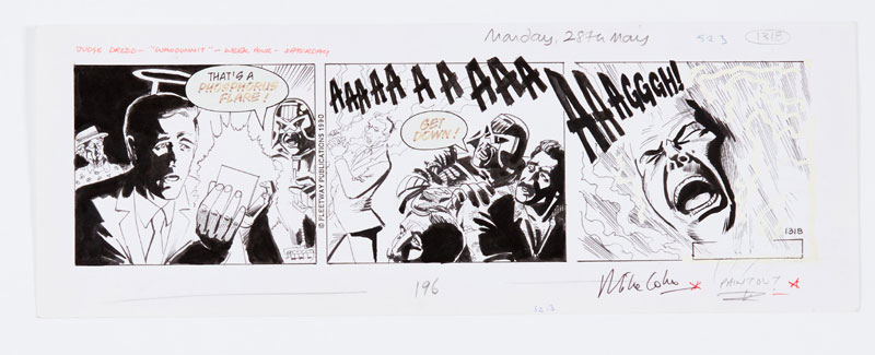 Judge Dredd 'Whodunnit' newspaper strip (1990) original art, drawn and signed by Mike Collins for the Daily Star 28 May 1990. Indian ink on cartridge paper. 16 x 6 ins
