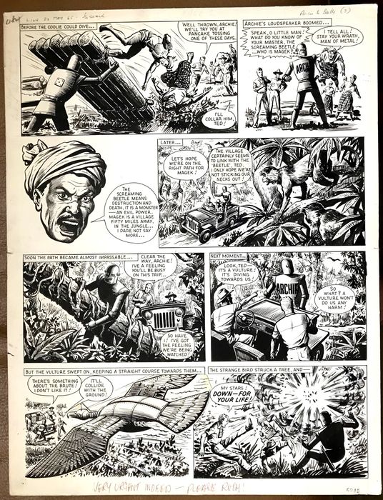 A page from an episode of the "Robot Archie" story "The Screaming Beetle" for Lion (a "rush job" as noted in the gutter, for the issue cover dated 22nd May 1965) - art by Ted Kearon