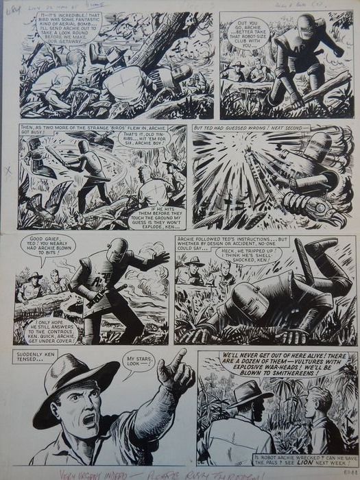 Another page from an episode of the "Robot Archie" story "The Screaming Beetle" for Lion (a "rush job" as noted in the gutter, for the issue cover dated 22nd May 1965) - art by Ted Kearon