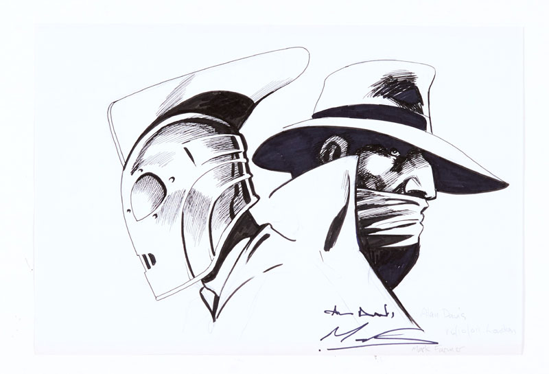 Rocketeer and Shadow original sketch (2011 London) drawn and signed by Alan Davis and Mark Farmer. Black marker pen on paper 8 x 12 ins