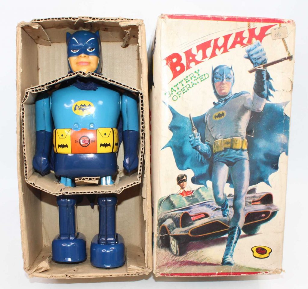 A very rare boxed T.N Nomura "Batman" battery robot. The battery compartment looks unused, in superb condition with  original colour picture artwork box and complete with its inner packing. Offered by Lacy Scott & Knight, August 2021. Photo: Lacy Scott & Knight