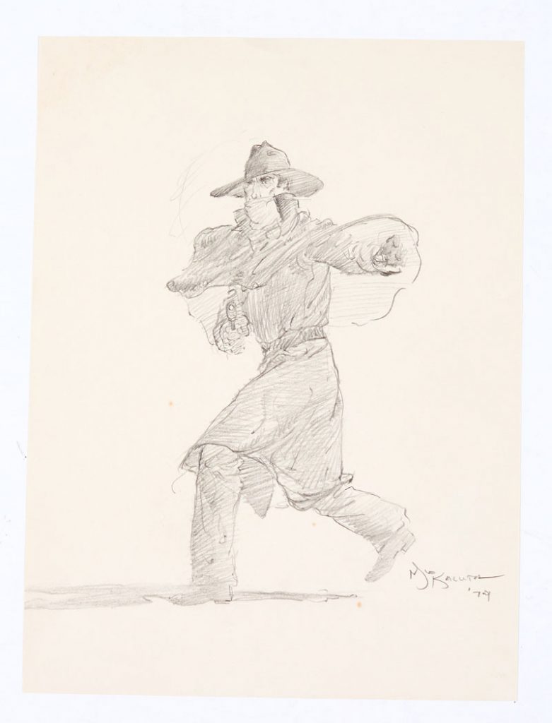 Shadow pencil sketch drawn and signed 'Mike Kaluta 79'. Pencil on paper. 12 x 9½"