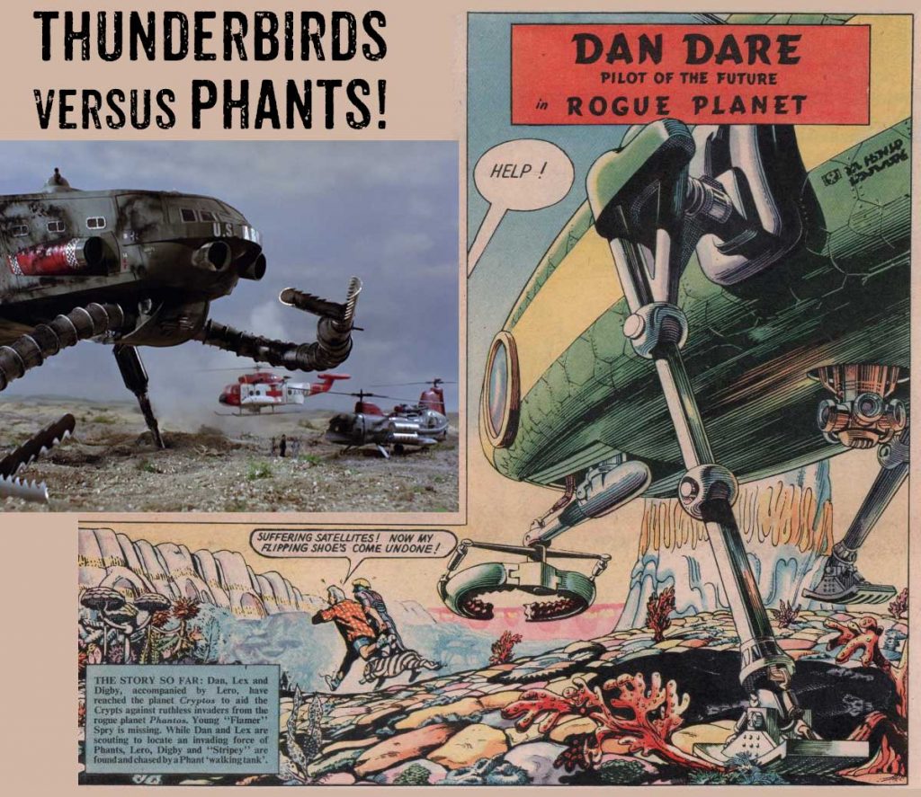 Thunderbirds "Sidewinder" versus "Phant Walking Tank" - coincidental design similarities? Thunderbirds © ITV Studios. Art from the "Dan Dare" story "Rogue Planet", from Eagle Volume 7, No. 3