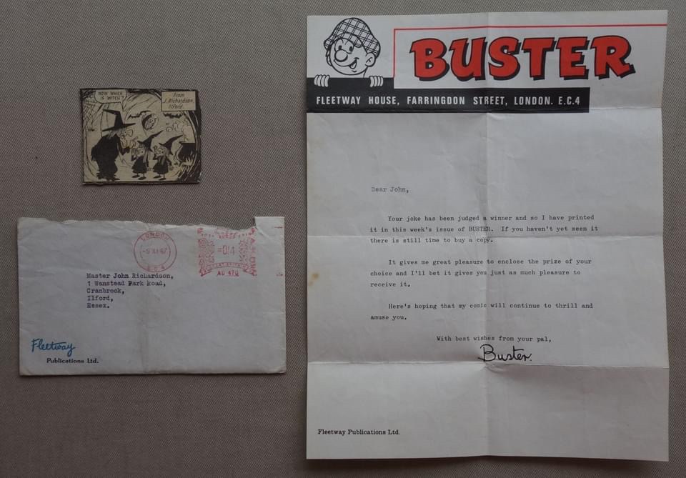 Buster comic Rare Reader Letter from 1967, in Fleetway envelope