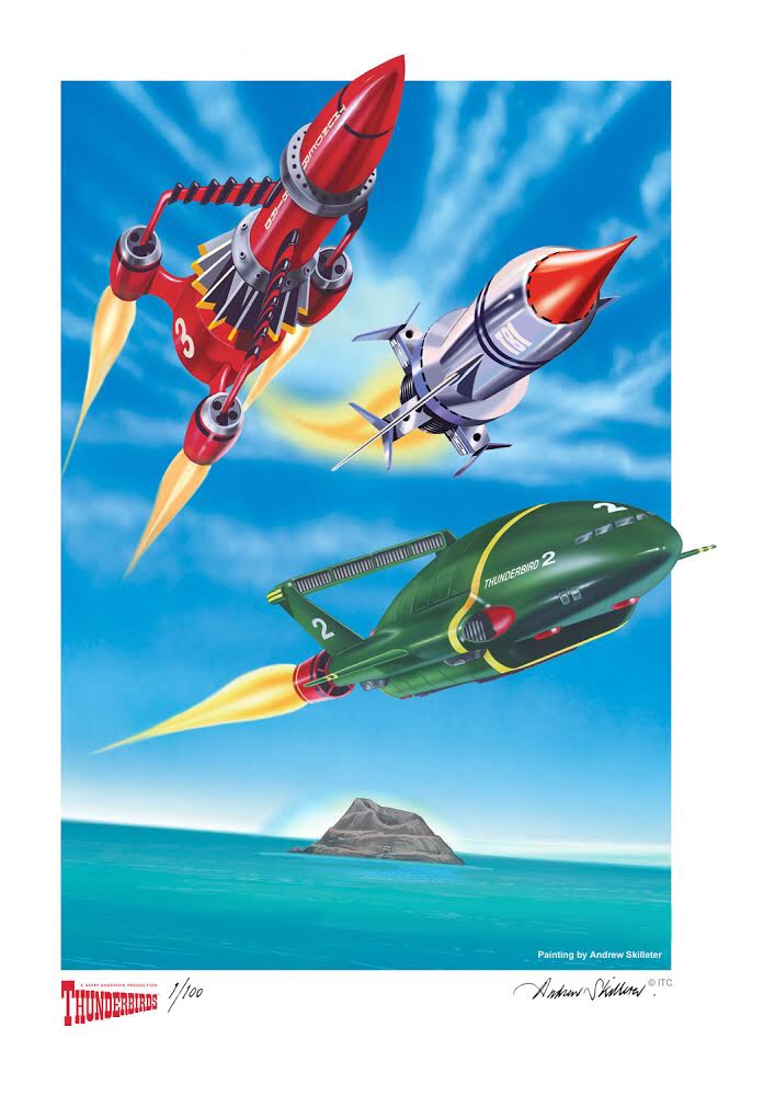 3-2-1… Thunderbirds are Go! Thunderbirds 1, 2 and 3 blast off from Tracy Island on a rescue mission - art by Andrew Skilleter