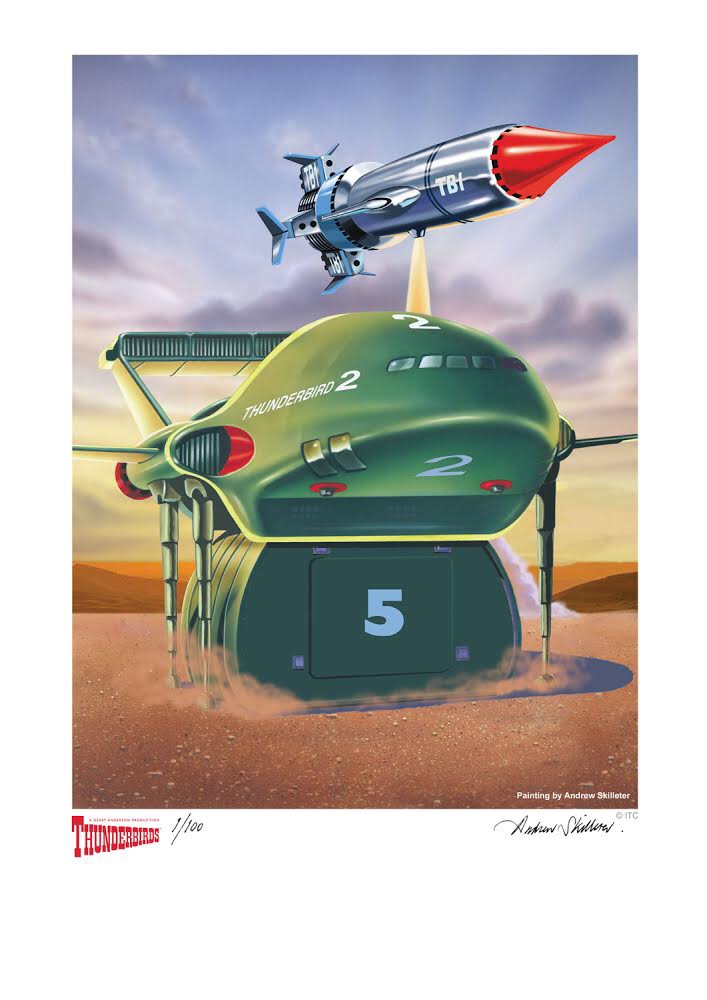 Thunderbirds - Desert Rescue! Thunderbird 2 has landed ready to assist in a rescue backed up by Thunderbird 1 - art by Andrew Skilleter
