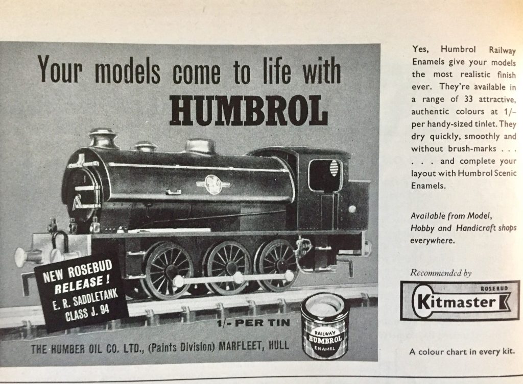 Humbrol ad from May 1961 Meccano Magazine, featuring the latest Kitmaster release of a J94 Austerity 0-6-0 saddle tank and Humbrol paints for plastic modellers