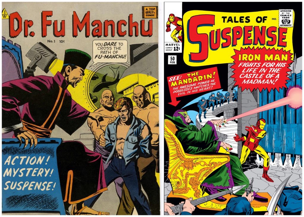 Jack Kirby’s cover for Marvel’s Tales of Suspense #50 (right), introducing the Mandarin in 1964, has echoes of I.W. Publishing’s Dr. Fu Manchu No. 1, published in 1958