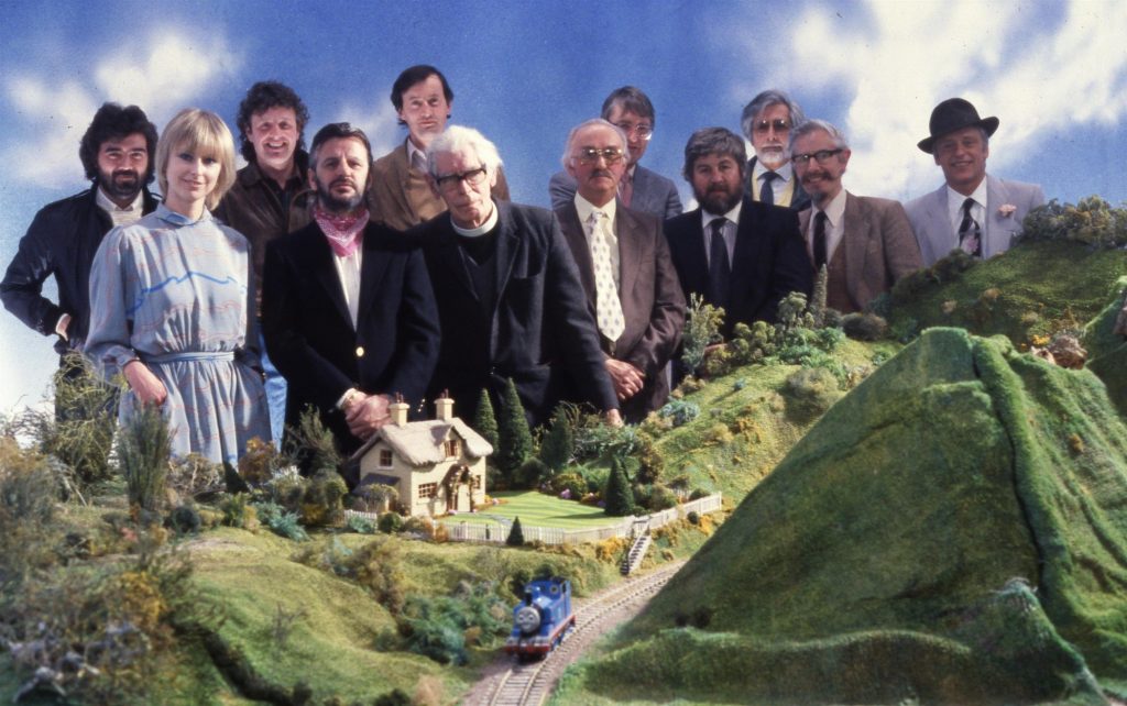 Image: Rev Awdry with Ringo Starr and crew in 1984. Image: Mattel Inc