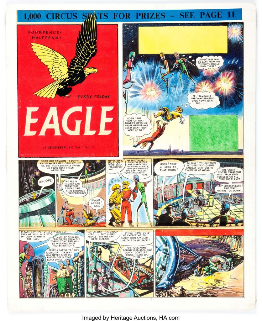 The cover of EAGLE Vol. 3 No. 37 cover dated 19th December 1952, art credited to Frank Hampson, Harold Johns and Greta Tomlinson. A page from "Marooned on Mercury" in which Dan and Digby are saved by their Mecurian friend , Samson