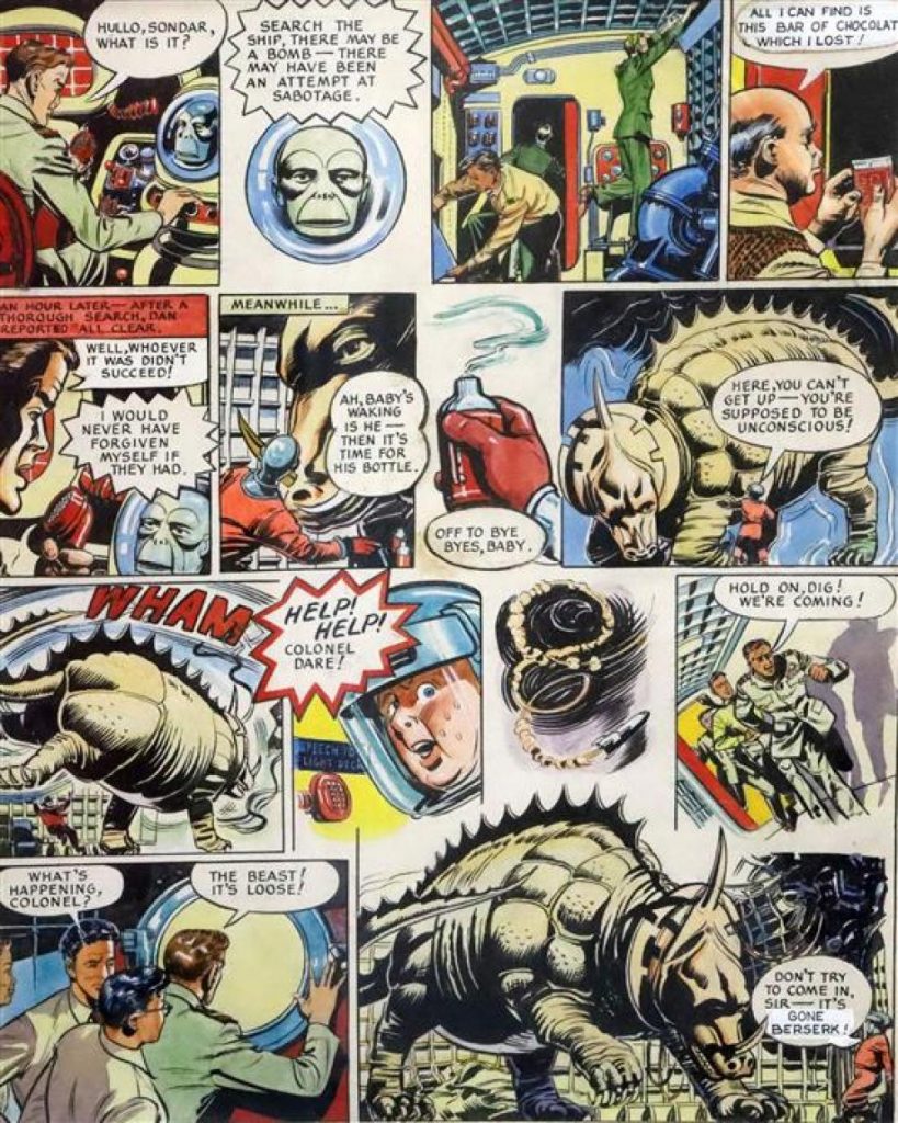 A page from “Operation Triceratops” from Eagle Annual 4, art by Harold Johns and Greta Tomlinson