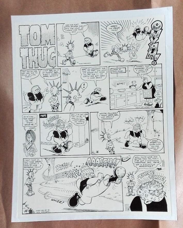 The complete, original full page art for a “Tom Thug” story that appeared in OINK! comic No. 49 in February 1988. Art by Lew Stringer
