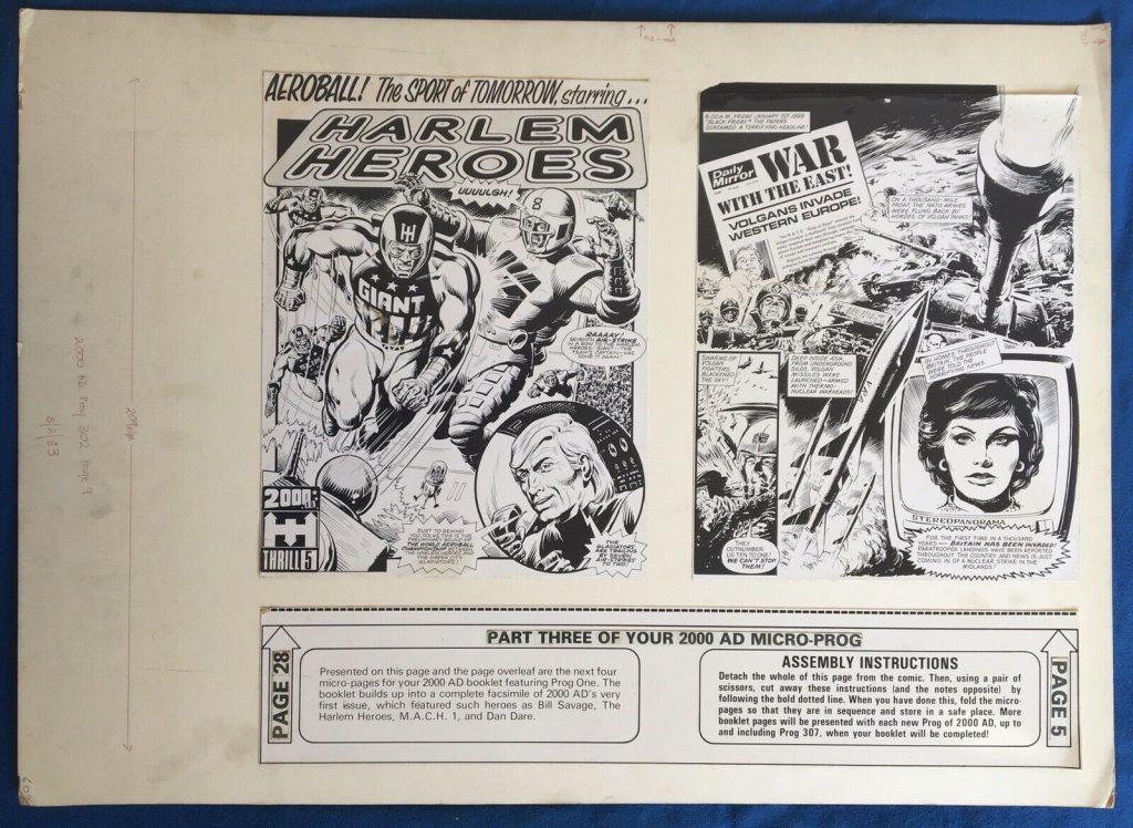 Stat 1 for Prog 302 features: (a) The Harlem Heroes (Prog 1 page 28). Created by Pat Mills. Art by Dave Gibbons, Script by Tom Tully and Pat Mills. (b) Invasion (Prog 1 page 5). Created by Pat Mills. Art by Jesus Blasco. Letters by Bill Nutall.