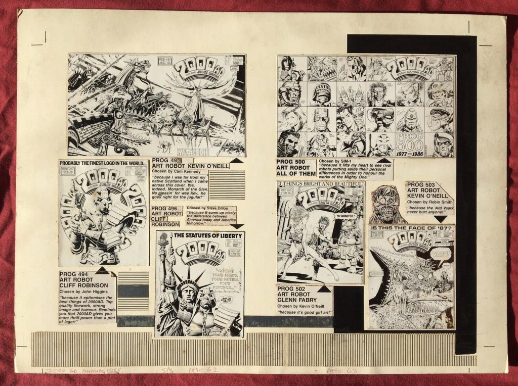 Page 62 from the 2000 AD Annual 1988 featuring Judge Dredd. The stat art is stuck on a hard mounting board and the full board size is 43.6cm x 32cm approx
