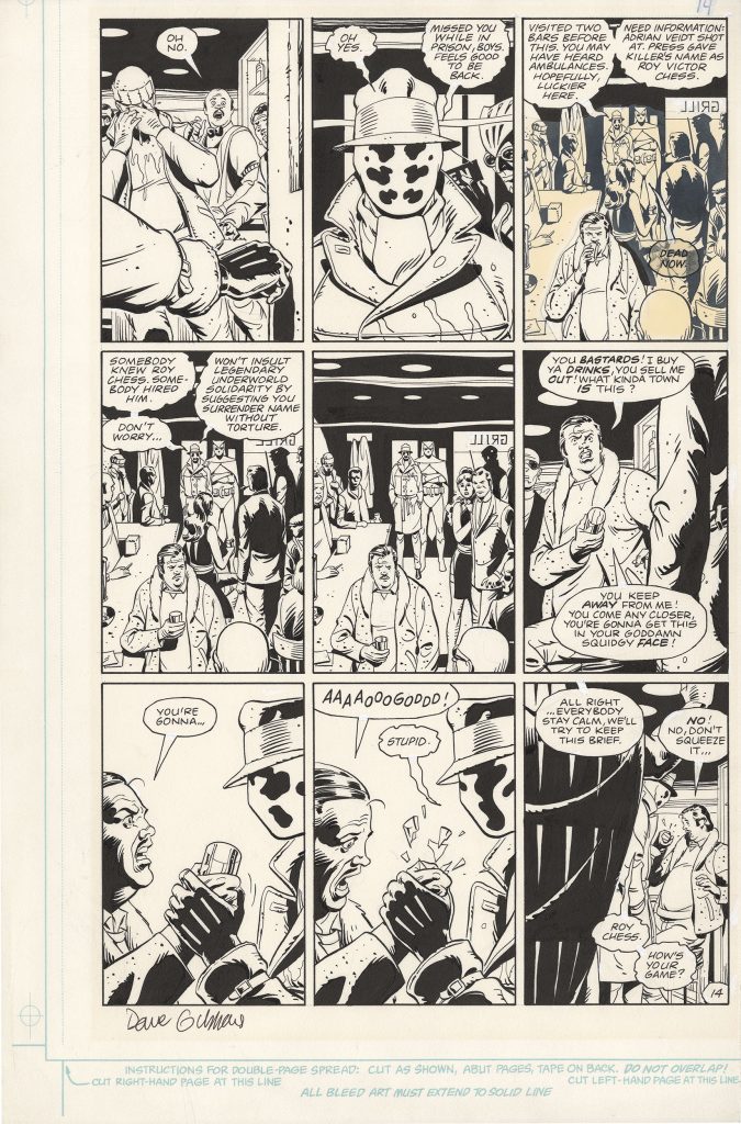 Rorschach and Nite Owl use intimidation in an underworld hangout looking for information on who is behind the murder of the Comedian and attempted murder of Ozymandias, from Watchmen #10, art by Dave Gibbons, published by DC Comics in 1986