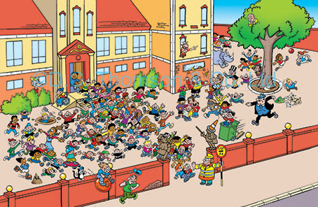 Lew Stringer's busy Bash Street School spread for the Beanotown: Search and Find book