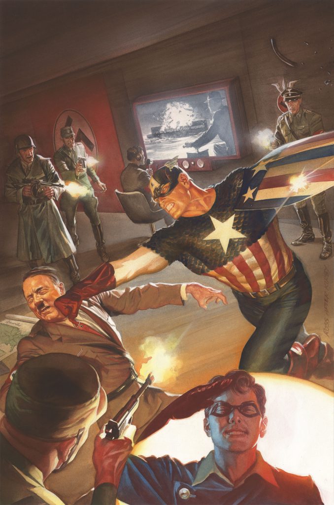 This variant cover by Alex Ross for Captain America: Sam Wilson #7 by Alex Ross is a tribute to the iconic cover to Captain America Comics #1, with Cap punching Hitler