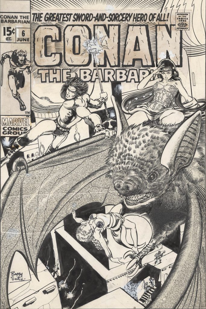A classic Conan the Barbarian cover by Barry Windsor-Smith (#6, published in 1971) for "Devil-Wings Over Shadizar!" Conan is heroically depicted atop a winged Beast, to save his recurring love interest, Jenna, her first appearance issue