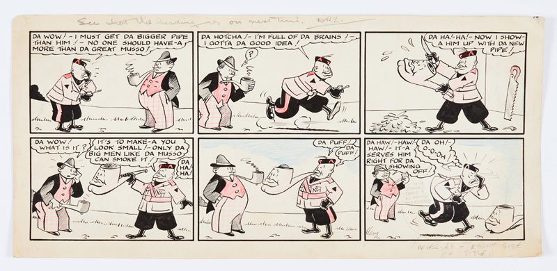 Musso the Wop original artwork (1942) drawn and signed to the reverse by George Drysdale with Beano Editor's margin pencil notes. From The Beano 26 Sept 1942