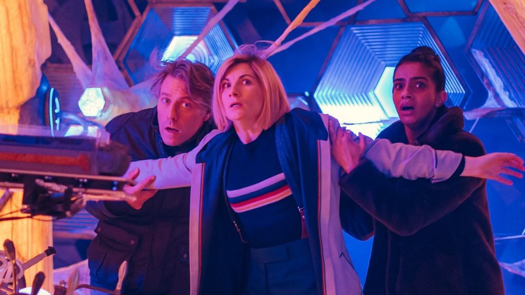 The Doctor, Dan and Yasmin get an unexpected visitor in the TARDIS © BBC | Photo: James Pardon