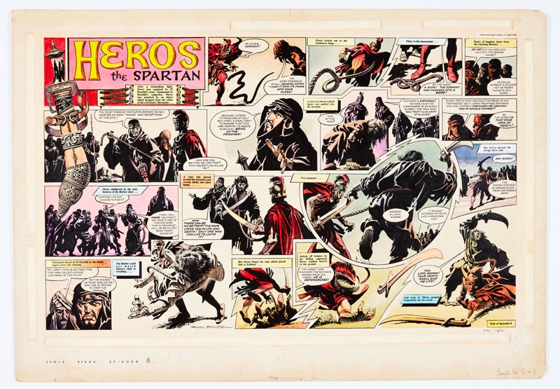 Heros the Spartan original double-page artwork (1965) painted and signed by Frank Bellamy. From the Eagle Vol. 16: No 16 centre spread 1965