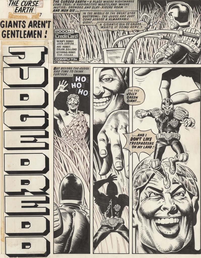 This title page of “Judge Dredd” from 2000AD Prog 77 is one of several stolen from the archives of IPC when they owned the title