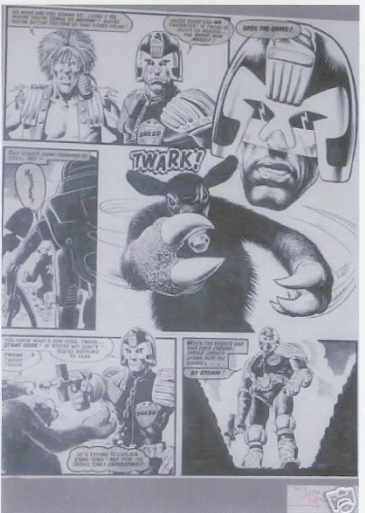 This page of Judge Dredd art was stolen in transit from dealer Silver Acre, back in 2008. It is signed by Brian Bolland
