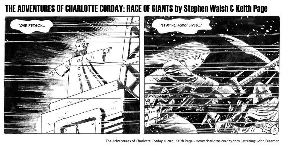 "The Adventures of Charlotte Corday" - “Race of Giants“, by Stephen Walsh and Keith Page, lettered by John Freeman