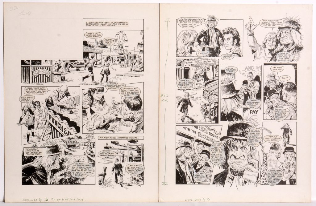 Two pages of original comics artwork for Look In No.22, pages 12 and 13, featuring a Worzel Cummidge story; ink on boards 49 x 38cm