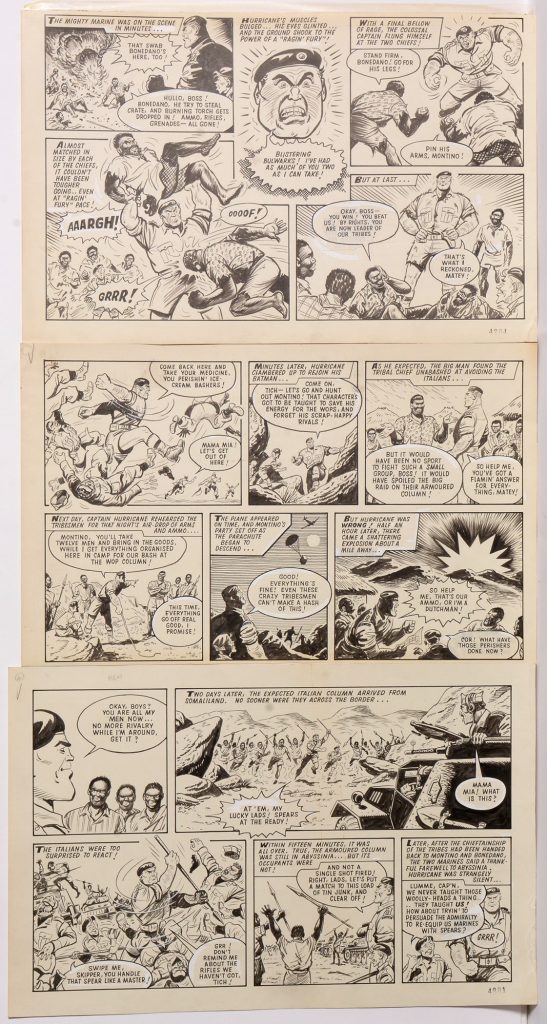 Three-and-a-half pages of original comics artwork from The Valiant 18th July featuring a complete Captain Hurricane story, ink on heavy paper in seven sections, full page measures 53.5 x 42.5cms