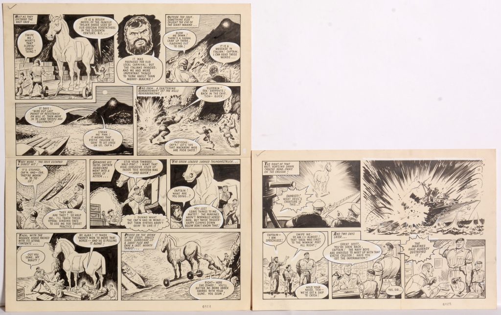 Three-and-a-half pages of original comics artwork from The Valiant 18th July featuring a complete Captain Hurricane story, ink on heavy paper in seven sections, full page measures 53.5 x 42.5cms