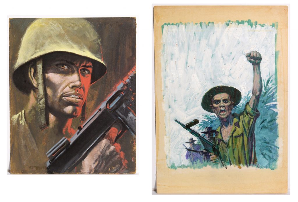 Original painted cover art for War Picture Library No.688 "Murder Squad (Operation Assassin)", gouache on board, 46 x 37cms; and cover art for Battle Picture Library No.447 "To The Bitter End", gouache on board, 50 x 34.5cms, overall.