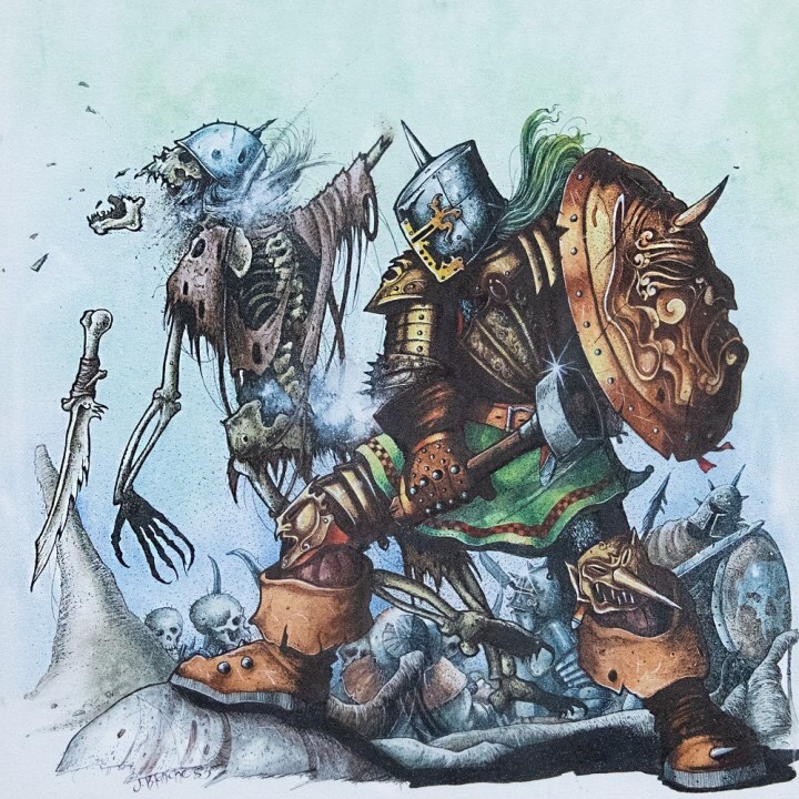 “Harry The Hammer”, the cover of the first edition of Warhammer by John Blanche