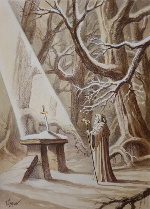 Merlin with the sword in the stone, by Florence Magnin