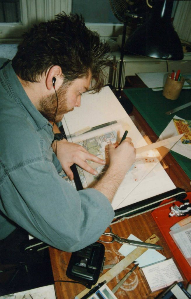 Marvel UK designer (and Warhead cannon fodder) Ed Lawrance working on some colour separations for Thomas the Tank Engine. (Marvel UK staff used to create the colour separations by hand to be turned into film for printing). Artist Stuart Jennett, who drew Ripwire, recalls climbing scaffolding on Fleet Street with Ed - climbing so high it took ages to get down...