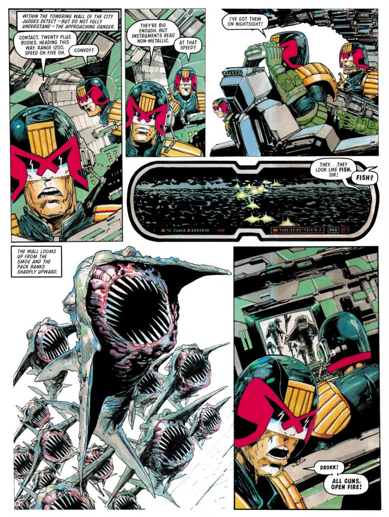 Judge Dredd by Greg Staples - a page from the story "The Pack", for 2000AD Prog 1014 (1996)