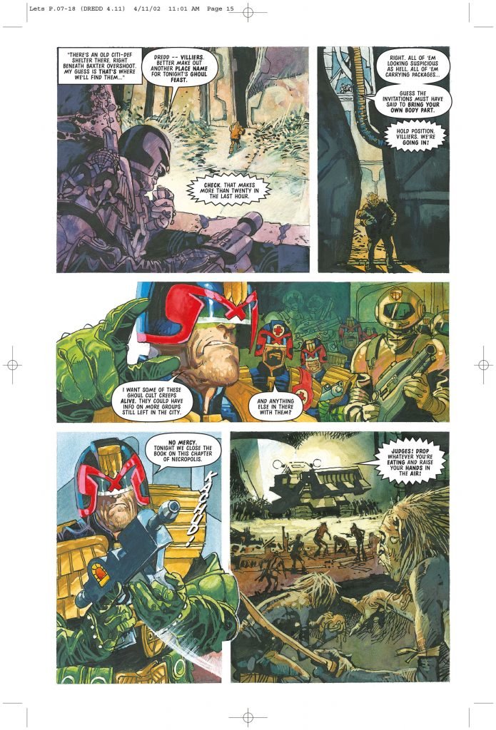 Judge Dredd by John M. Burns - a page from the story "Necrofage", for Judge Dredd Megazine (2002)