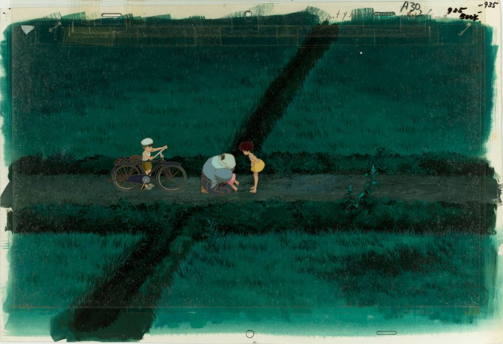 A lush green scene from My Neighbor Totoro featuring the characters Satsuki Kusakabe, Mei Kusakabe and Granny. With art by Hayao Miyazaki (Studio Ghibli, 1988), it notably includes a hand-painted background by Nizo Yamamoto, one of Japan’s leading art directors and scenic artists. It is estimated at $10,000 – 15,000