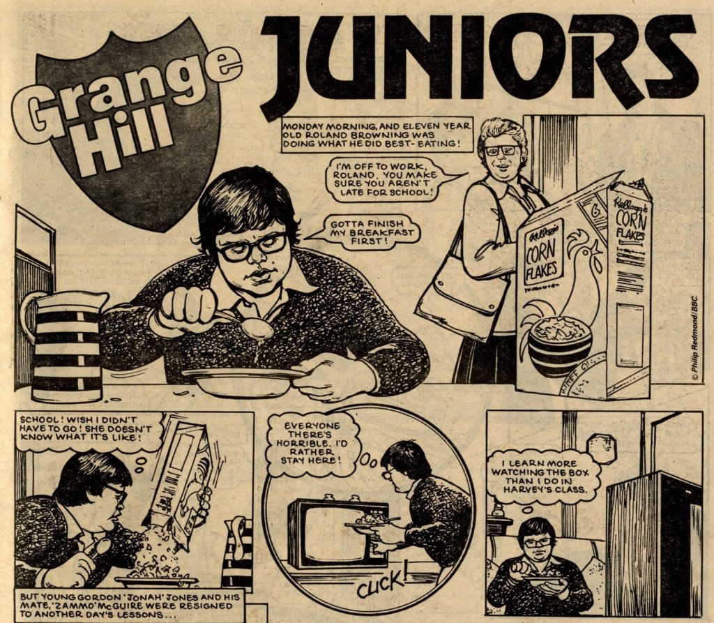Panels from the first episode of “Grange Hill Juniors” for School Fun, cover dated 15th October 1983 | Via Great News for All Readers