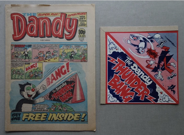 This issue of The Dandy (No. 2106), cover dated 3rd April 1982, comes with its Free Gift - a Dandy Thunderbang. This is the third Dandy Thunderbang to be produced, the first being in 1960 and the second in 1971, so 11 years between each. A popular giveaway this banger style of gift