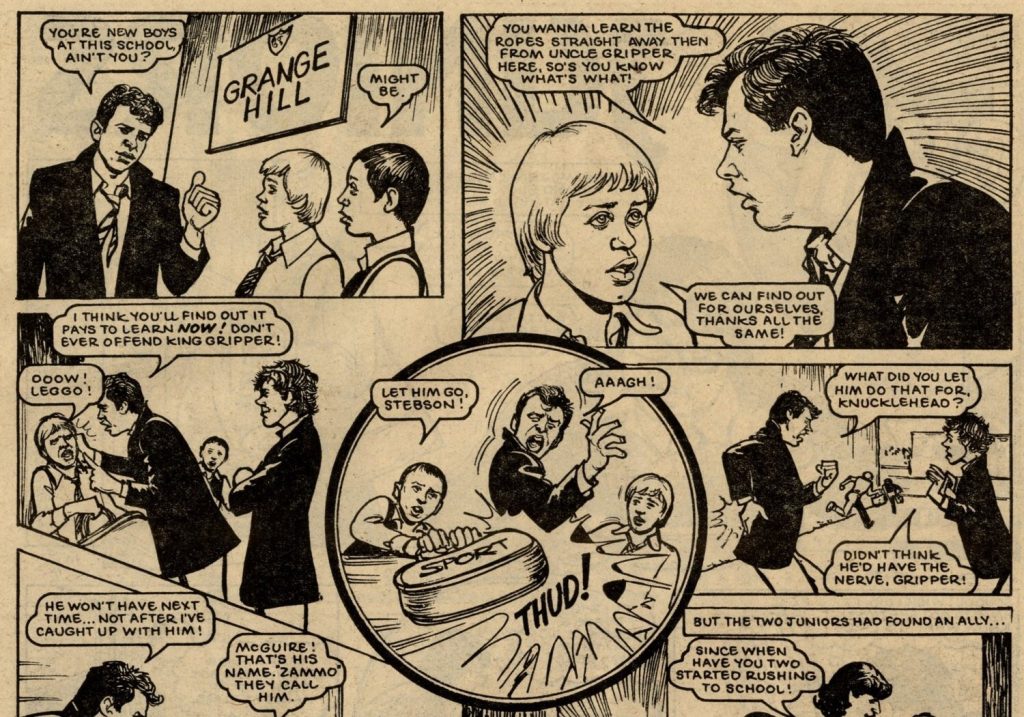 Panels from the first episode of “Grange Hill Juniors” for School Fun, cover dated 15th October 1983 - art by Brian Delaney | Via Great News for All Readers