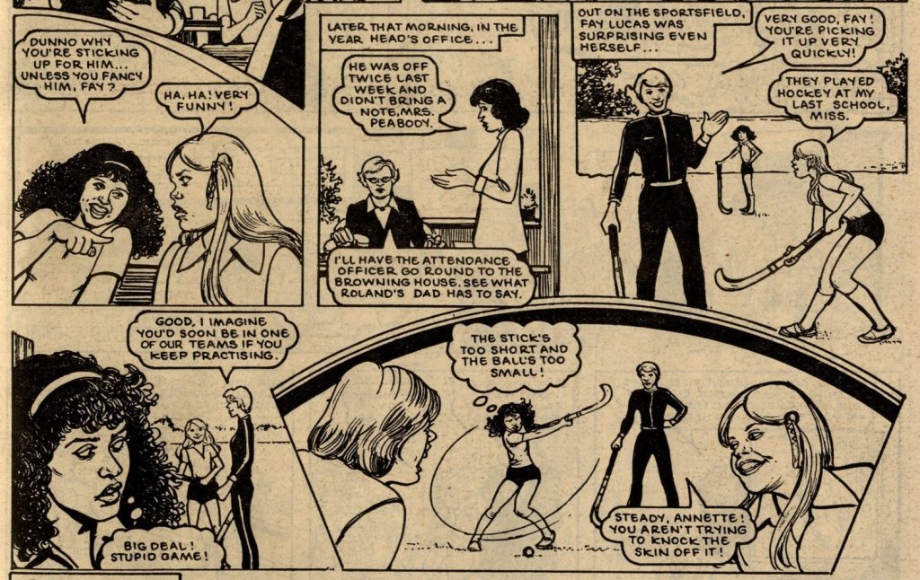Panels from the first episode of “Grange Hill Juniors” for School Fun, cover dated 15th October 1983 - art by Brian Delaney | Via Great News for All Readers