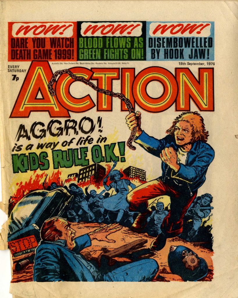 The infamous cover of Action featuring the "Kids Rule OK", drawn by Carlos Ezquerra, that contributed to the controversial comic's hiatus and subsequent revamp